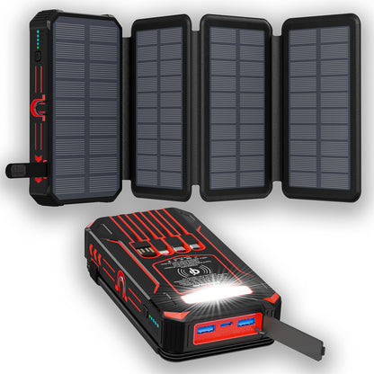 The picture shows a portable red solar power bank with fold - out solar panels on top, equipped with multiple charging ports and indicator lights.