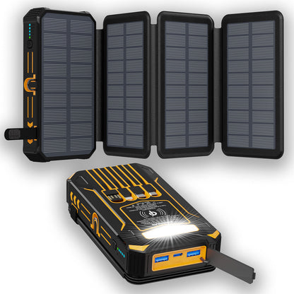 The picture shows a portable orange solar power bank with fold - out solar panels on top, equipped with multiple charging ports and indicator lights.