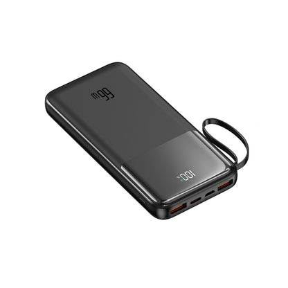 The image shows a black potable power bank with two USB ports, a digital display, and a looped strap for easy carrying.