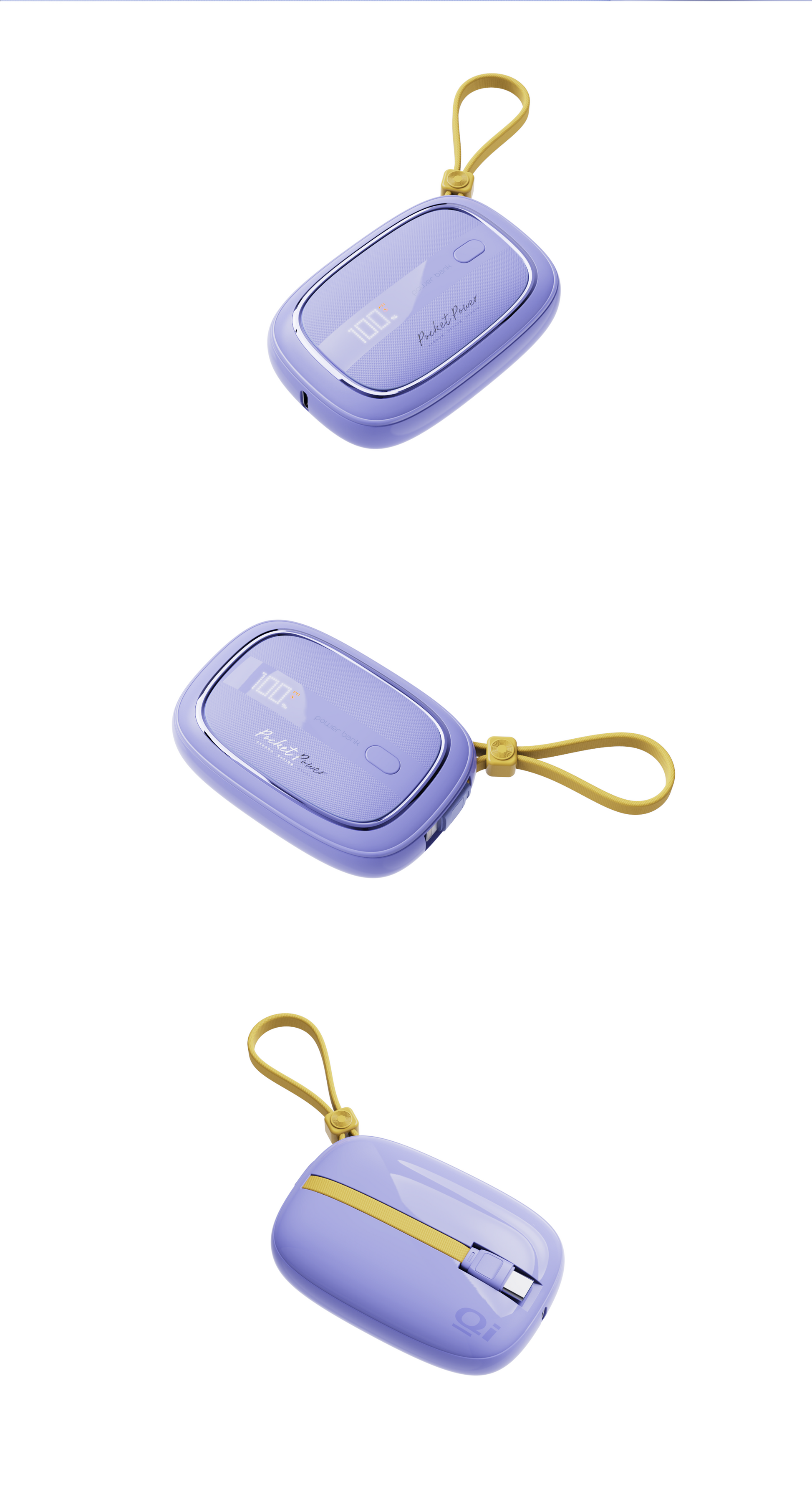 The picture shows three views of a small, compact, and stylish purple portable power bank with a yellow lanyard.
