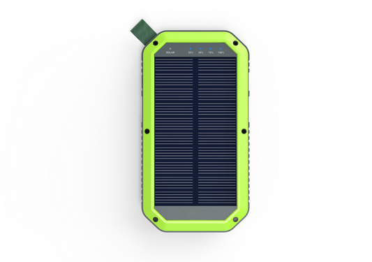 The front of the green solar charger has a power indicator