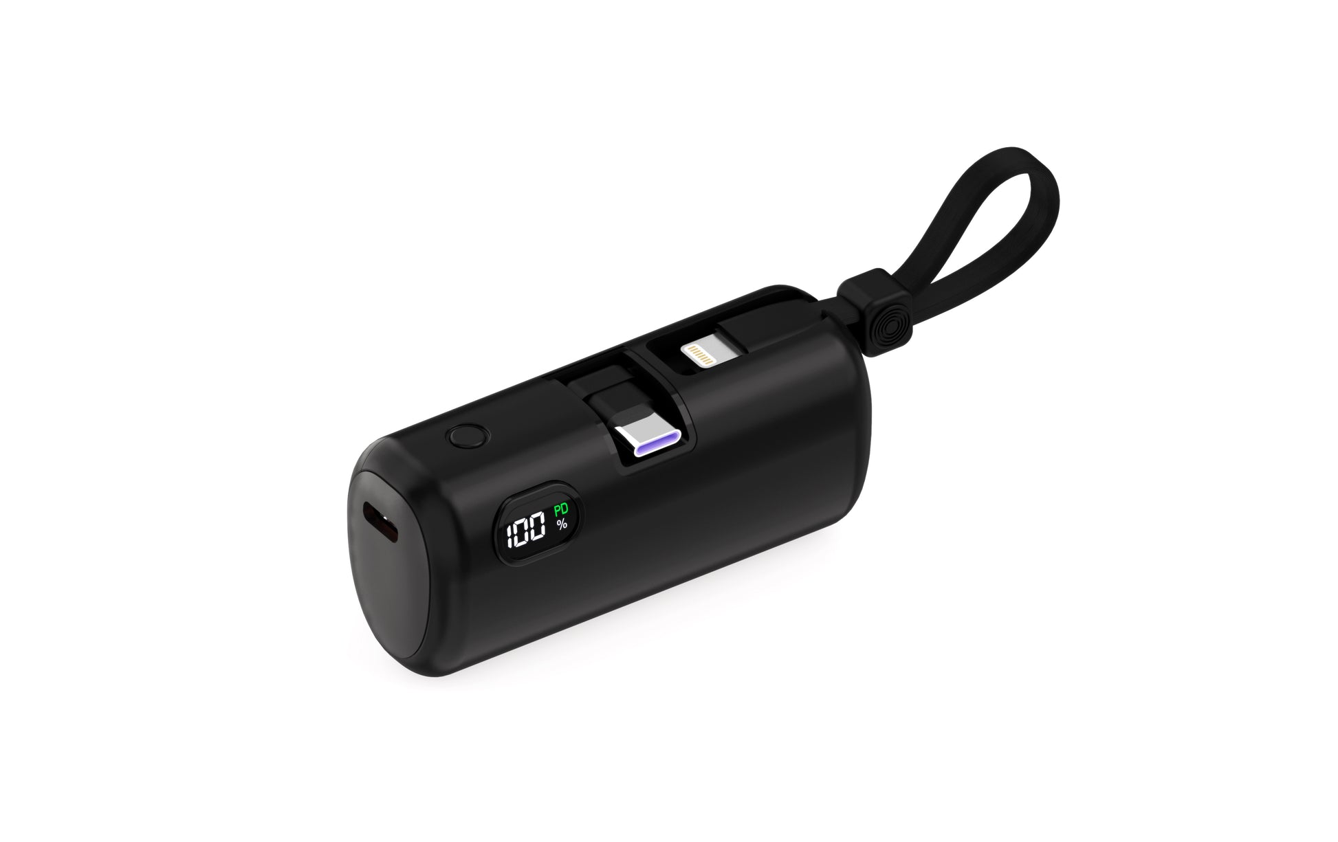 The picture shows a black portable power bank with a digital display showing 100% power, featuring a wrist strap and multiple charging ports.
