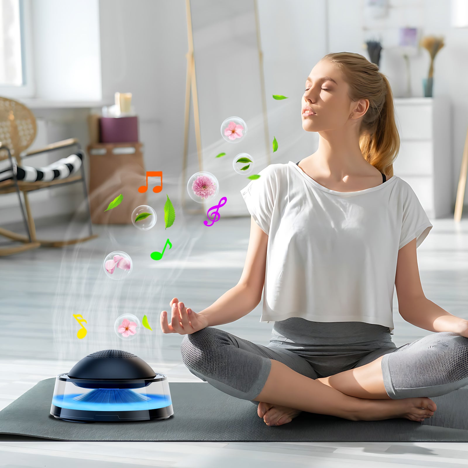 The image shows a woman meditating with a circular, blue - lit car diffuser emitting musical notes, flowers, and leaves symbols, suggesting it releases pleasant scents.
