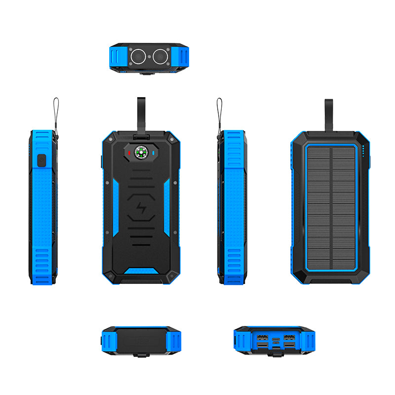 The picture shows a multi - functional portable  solar power bank with a rugged design, featuring solar panels for charging, a built - in compass, multiple charging ports, and a strap for easy carrying.
