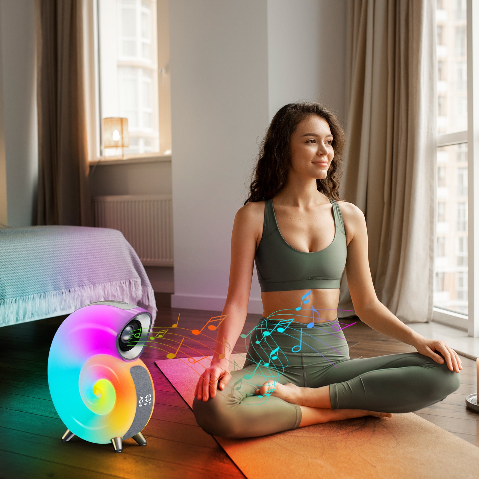 The picture shows a multifunctional alarm clock with colorful lights and musical notes emanating from it, placed on a floor where a person is doing yoga.
