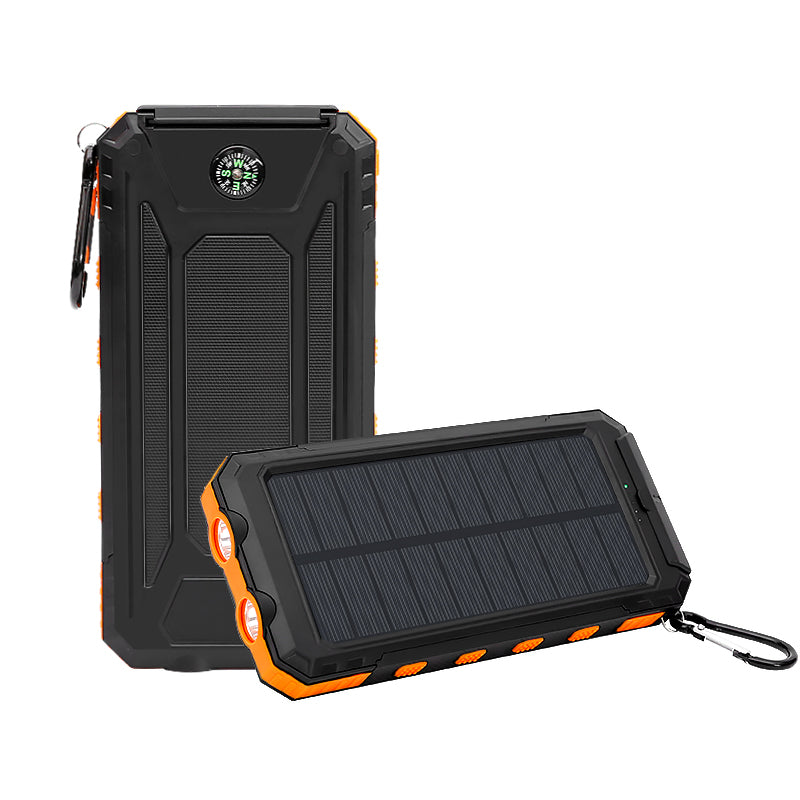 The picture shows two rugged, outdoor - oriented power banks with orange accents; the larger one has a built - in compass and flashlight, while the smaller one features a solar panel for charging.
