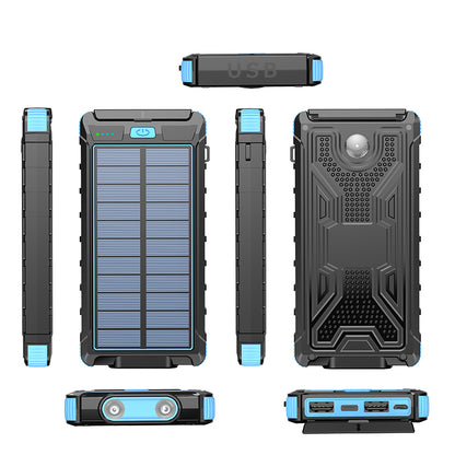 The picture shows a rugged, multifunctional power bank with solar panels on one side, multiple USB ports, a power indicator, and a built - in flashlight, designed for outdoor use.
