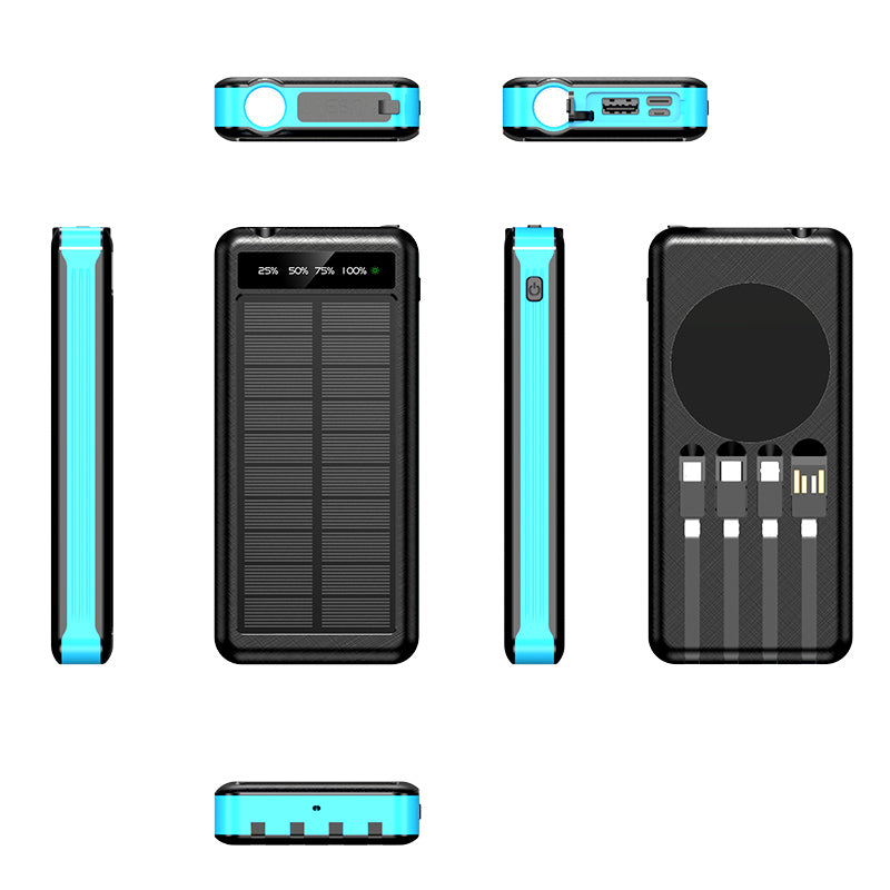 The picture shows a portable power bank with a solar panel on one side, multiple built - in charging cables on another side, a LED display showing battery percentage, and various input and output ports.
