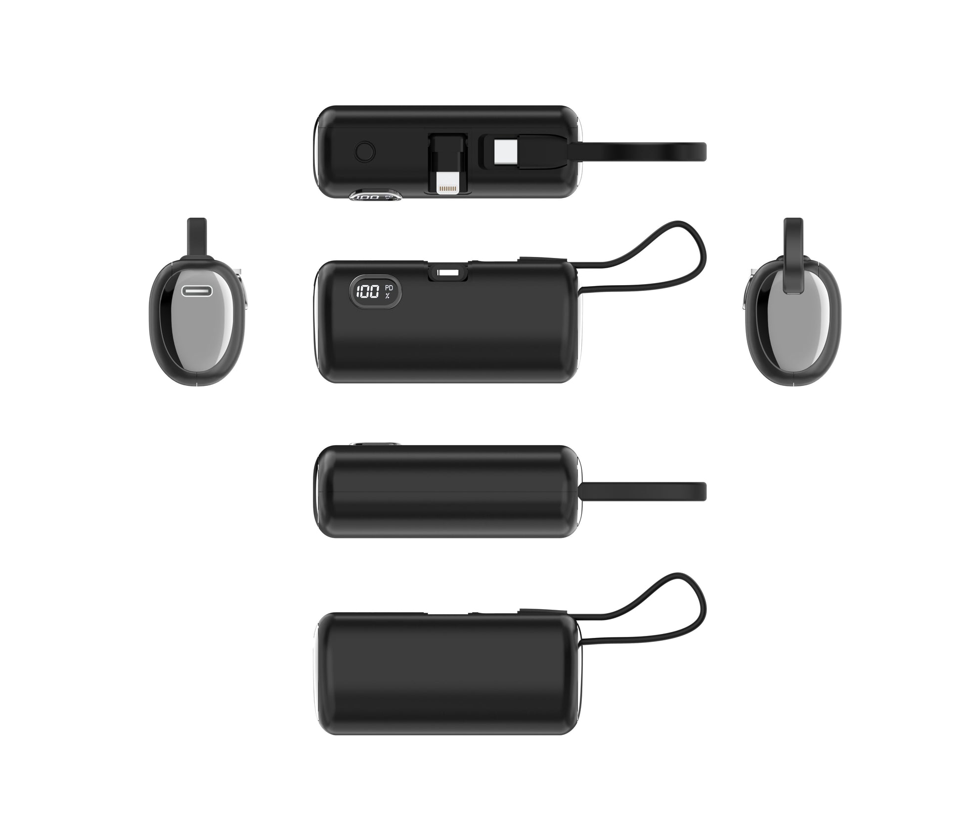 The image shows a black portable power bank with a digital display, multiple ports, and a wrist strap, presented in various orientations.
