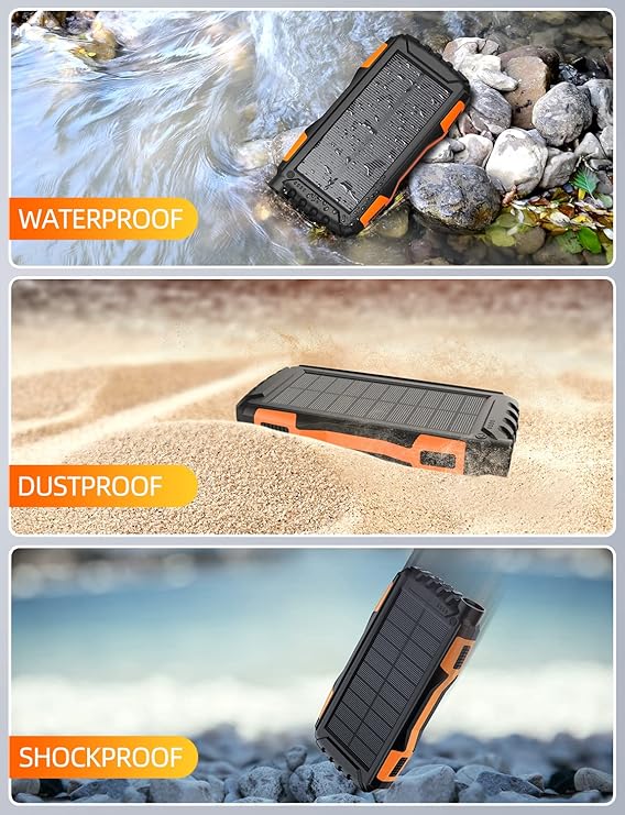 The picture showcases a rugged power bank that is waterproof, dustproof, and shockproof, suitable for outdoor environments.
