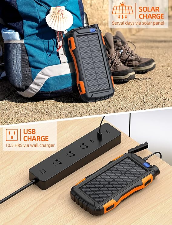 The picture showcases two rugged, solar - powered portable chargers capable of being charged via solar panels or wall chargers, with one shown in an outdoor setting and the other indoors.
