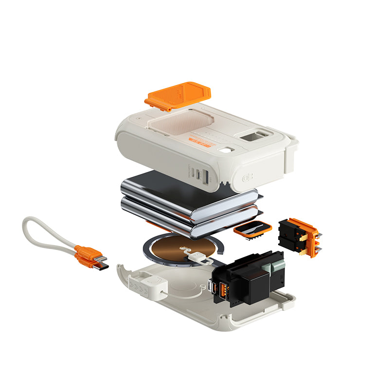 The image shows an exploded view of a portable power bank, detailing its components such as the battery cells, circuit boards, USB ports, and a coiled cable, with a focus on its internal structure.
