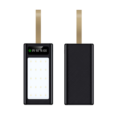 The image shows two black power banks with multiple USB ports, a digital display, and a looped strap for portability.