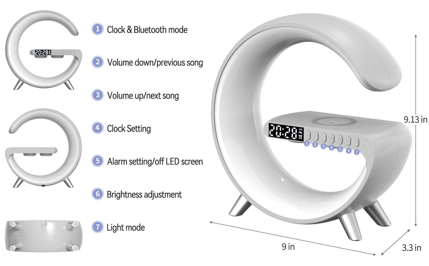 The picture shows a multifunctional device that combines an alarm clock, a Bluetooth speaker, an LED lamp, and a wireless charger, with detailed operation instructions and dimensions provided.
