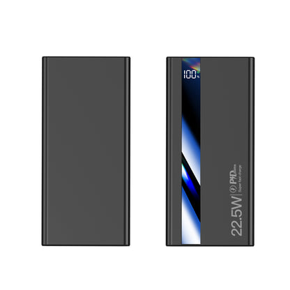 The image displays a black portable power bank,shown from both its plain back and its frnt side, which features a digital battery indicator, blue accent design.