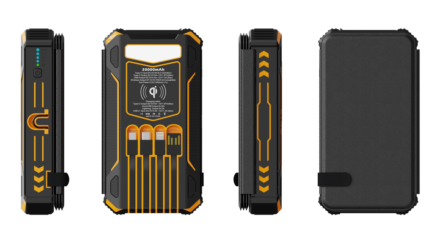 The image shows a rugged, multifunctional power bank with a 20000mAh capacity, featuring multiple charging ports, a wireless charging pad, and a display indicating battery levels.
