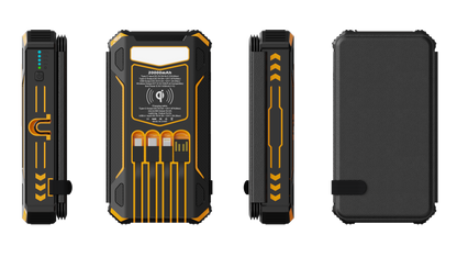 The image shows a rugged, multifunctional power bank with a 20000mAh capacity, featuring multiple charging ports, a wireless charging pad, and a display indicating battery levels.
