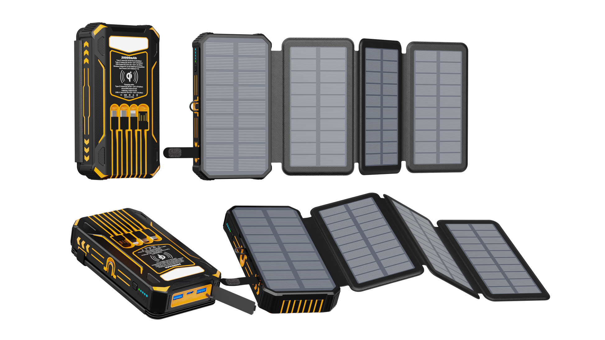 The picture shows a portable power bank with fold - out solar panels, multiple charging ports, and a compact, rugged design suitable for outdoor use.
