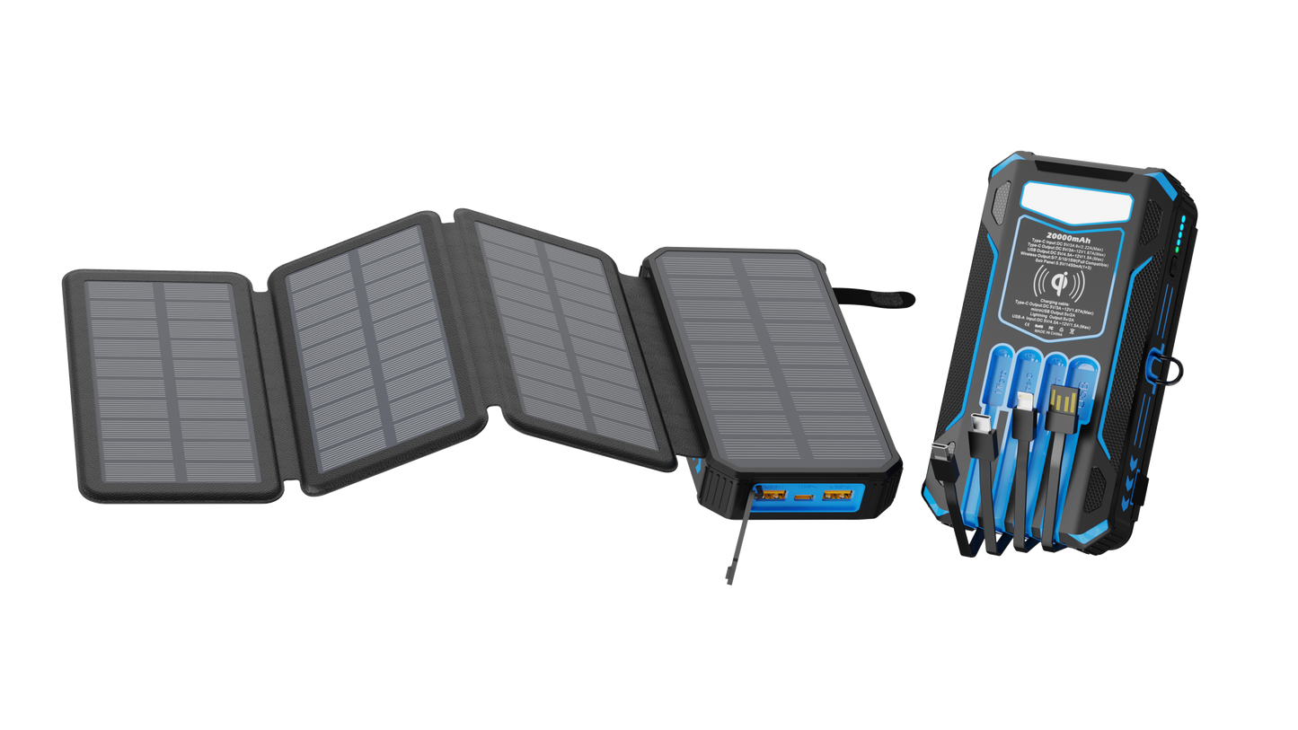 The image showcases a portable power bank with foldable solar panels on one side and multiple charging ports with cables on the other side, indicating a capacity of 20000mAh.
