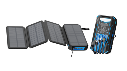 The image showcases a portable power bank with foldable solar panels on one side and multiple charging ports with cables on the other side, indicating a capacity of 20000mAh.
