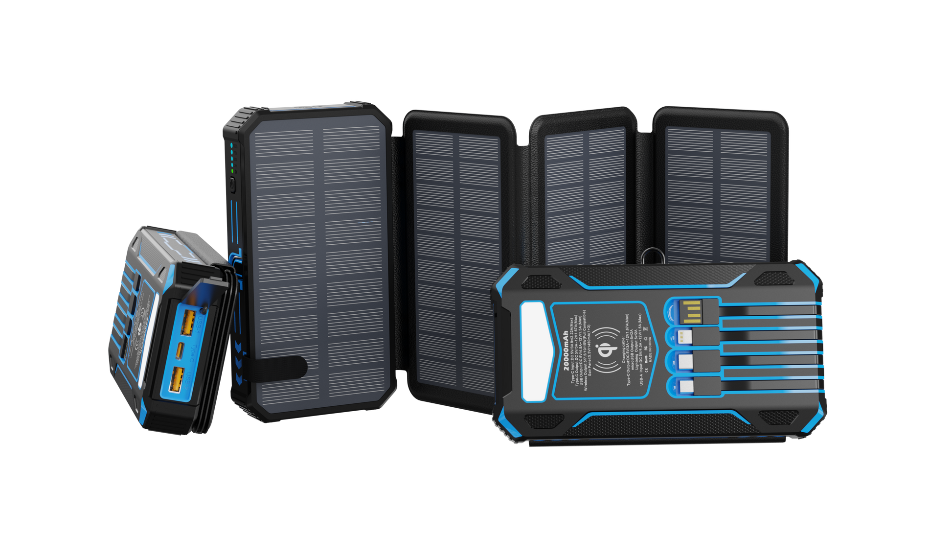 The picture shows a portable power bank with fold - out solar panels, multiple charging ports, a wireless charging feature, and a rugged design suitable for outdoor use.
