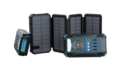 The picture shows a portable power bank with fold - out solar panels, multiple charging ports, a wireless charging feature, and a rugged design suitable for outdoor use.
