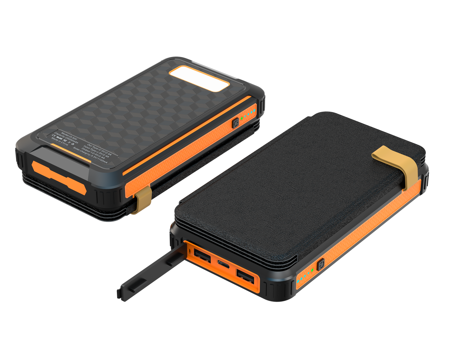 The image shows one portable power banks with rugged, black and orange exteriors, featuring multiple ports for charging, a handle for carrying, and an indicator light.