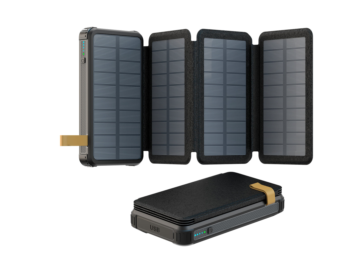 The image depicts a portable power bank with a fold - out solar panel design, featuring a USB port and indicator lights, ideal for outdoor charging.
