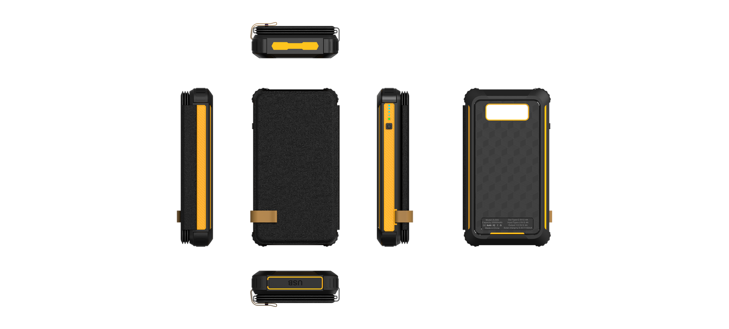 The picture shows a portable solar power bank with a robust, black and yellow design, featuring multiple interfaces and indicators, suitable for outdoor use.
