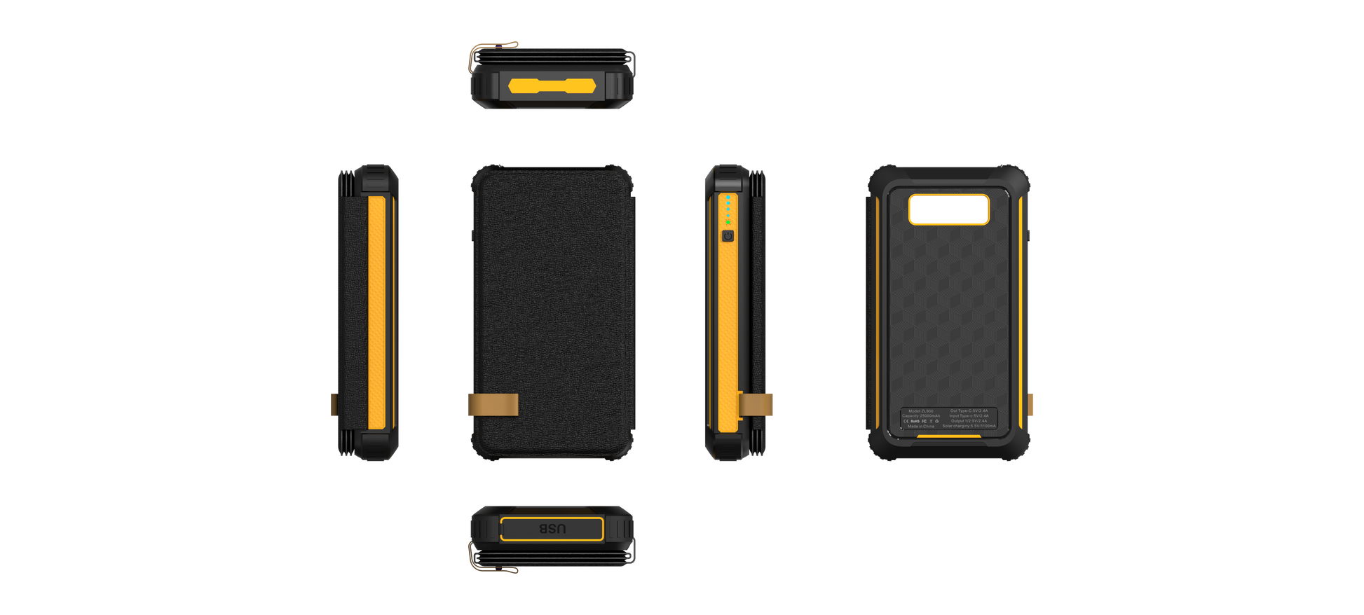 The picture shows a portable solar power bank with a robust, black and yellow design, featuring multiple interfaces and indicators, suitable for outdoor use.
