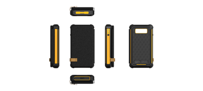 The picture shows a portable solar power bank with a robust, black and yellow design, featuring multiple interfaces and indicators, suitable for outdoor use.
