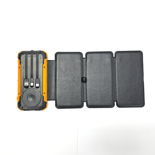 The orange solar charger has three embedded data cables.