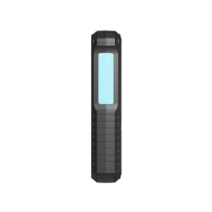 The picture shows a portable power bank with a sleek, black design featuring a light - blue indicator panel.
