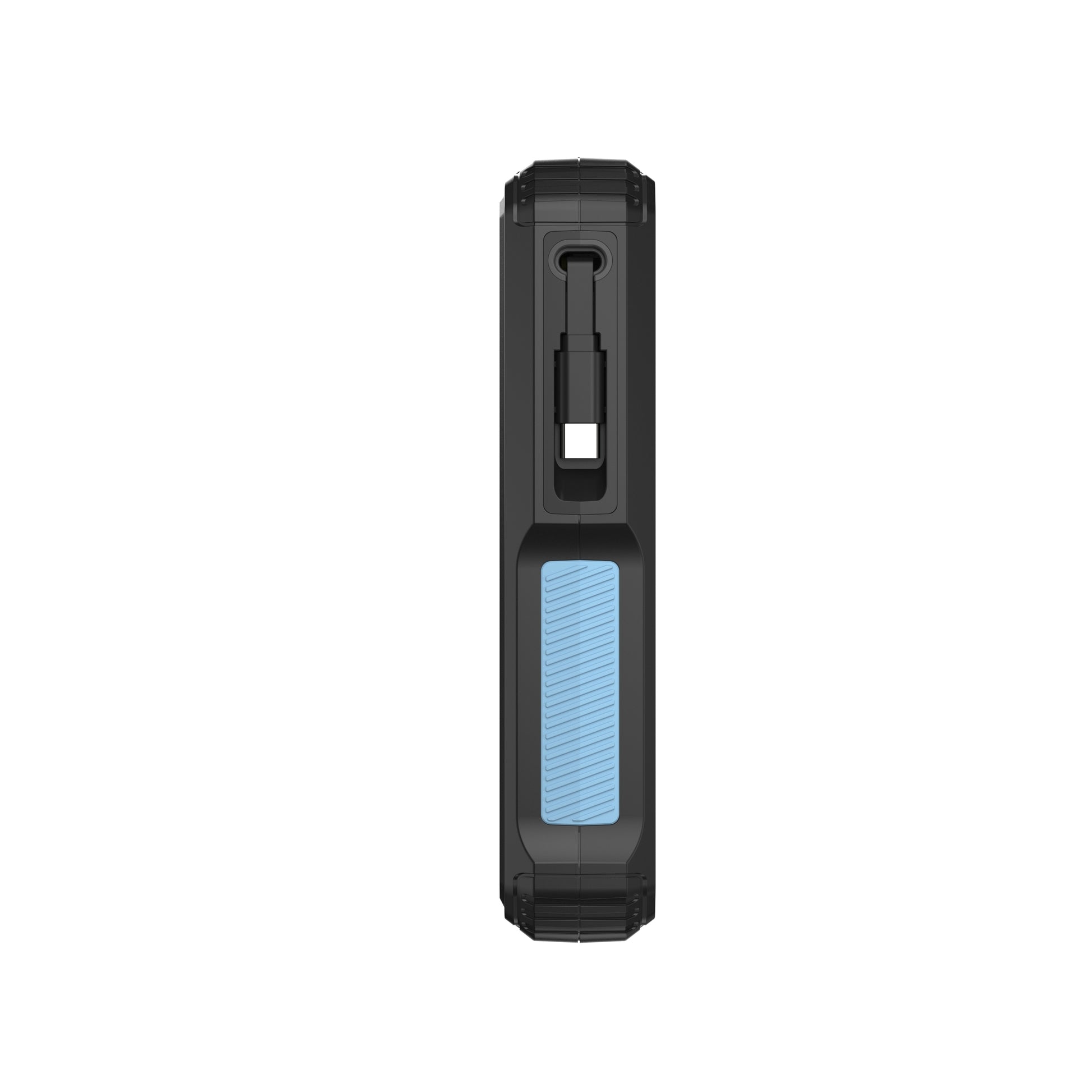 The image shows a black portable power bank with a light - blue panel on the side.