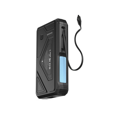 The picture shows a black portable  solar power bank with a sleek design, featuring a built - in cable, multiple certification logos (CE, FCC, RoHS).
