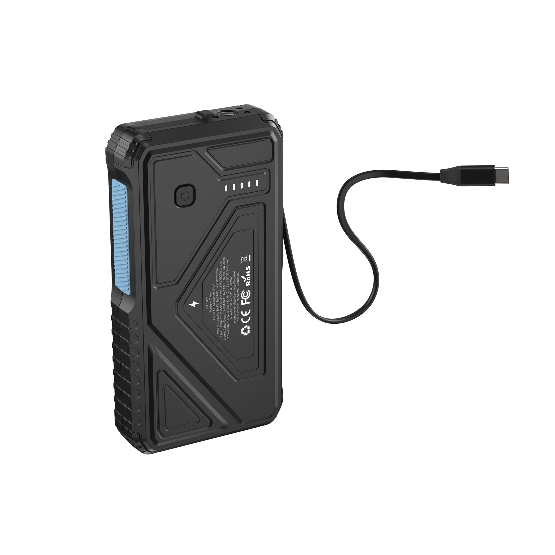 The picture shows a black solar portable power bank with a rugged design, a built - in cable, and certifications like CE, FCC, and RoHS marked on it.
