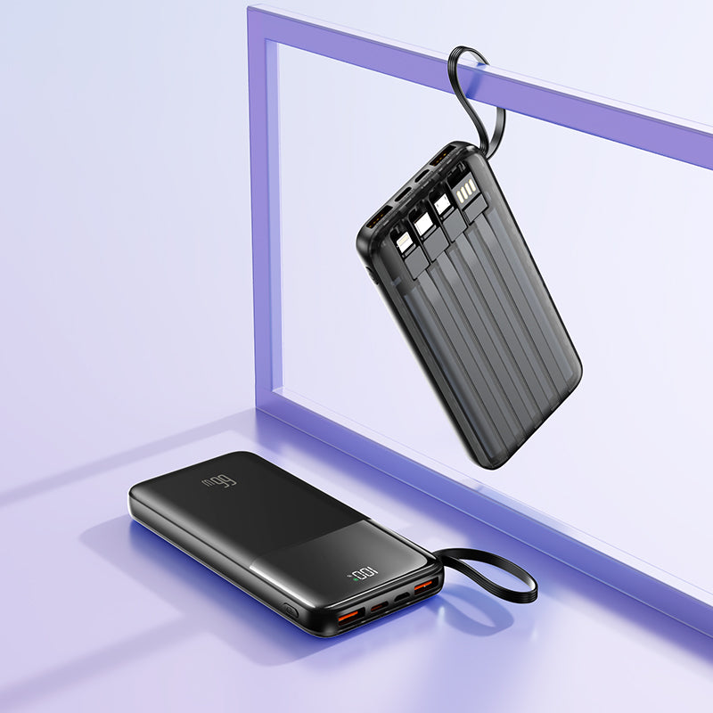 The image shows a black potable power bank with two USB ports, a digital display, There are three charging cables to meet your different needs, and a USB cable to connect directly to the socket，and a looped strap for easy carrying.