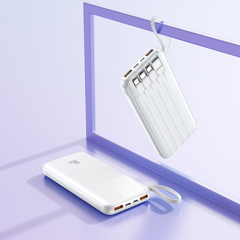 The image shows a white potable power bank with two USB ports, a digital display, There are three charging cables to meet your different needs, and a USB cable to connect directly to the socket，and a looped strap for easy carrying.