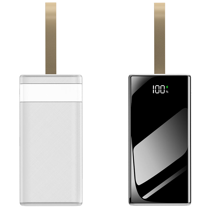 The picture shows a white mobile power bank, one side of which is white and comes with a shoulder strap, and the other side has a digital display showing that the battery level is 100%.