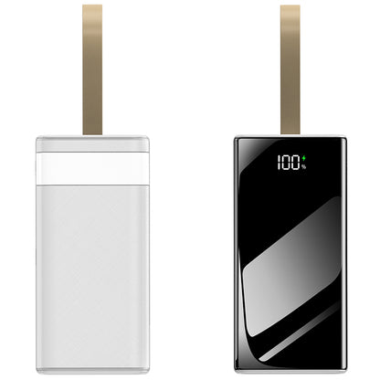 The picture shows a white mobile power bank, one side of which is white and comes with a shoulder strap, and the other side has a digital display showing that the battery level is 100%.