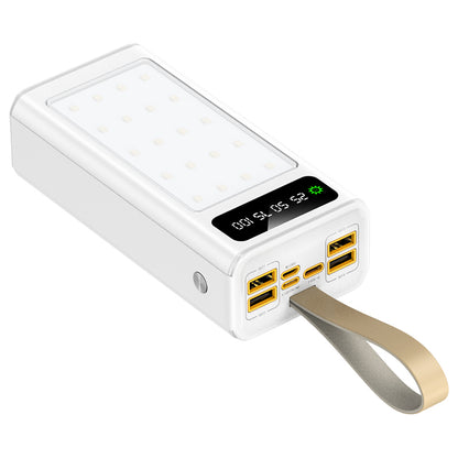 The picture shows a white portable power bank with a digital display and multiple charging ports and a wrist strap.