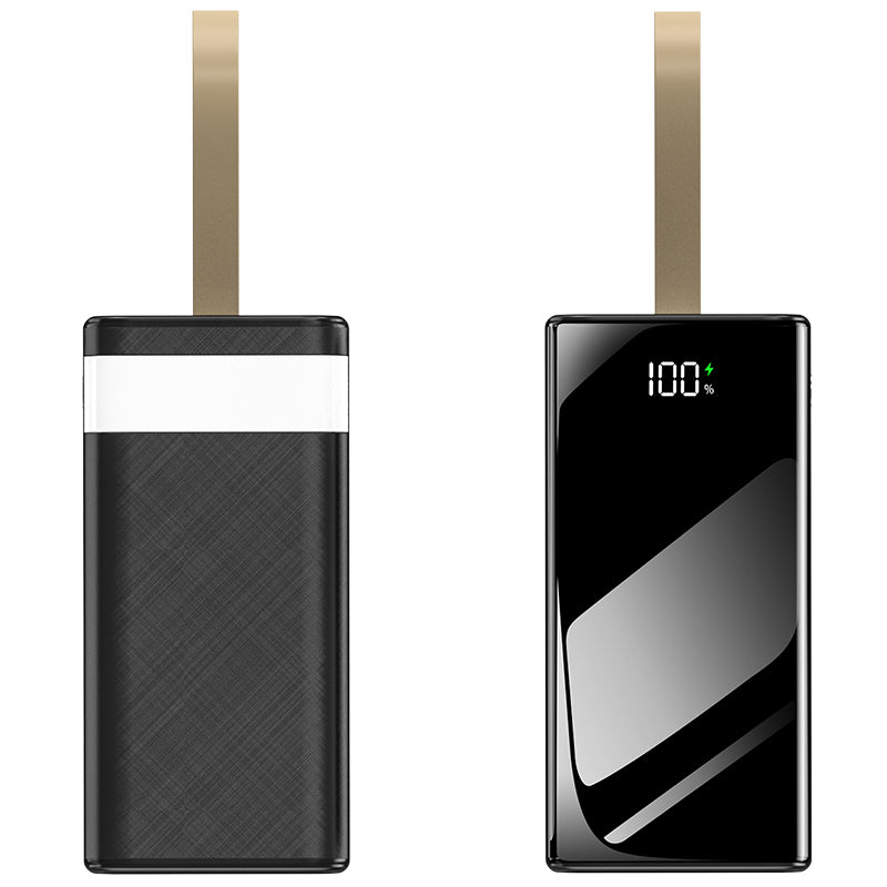 The picture shows a black mobile power bank, one side of which is white and comes with a shoulder strap, and the other side has a digital display showing that the battery level is 100%.