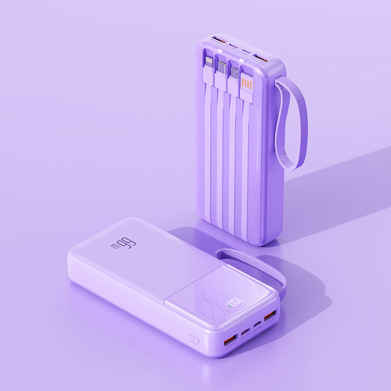 The image shows a purple potable power bank with two USB ports, a digital display, There are three charging cables to meet your different needs, and a USB cable to connect directly to the socket，and a looped strap for easy carrying.