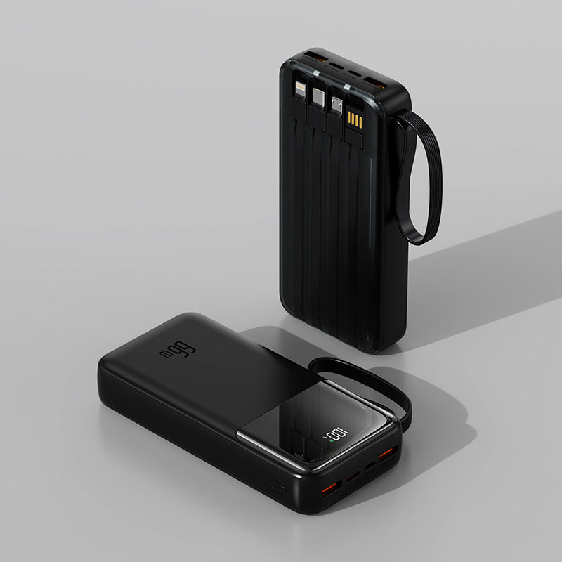 The image shows a black potable power bank with two USB ports, a digital display, There are three charging cables to meet your different needs, and a USB cable to connect directly to the socket，and a looped strap for easy carrying.