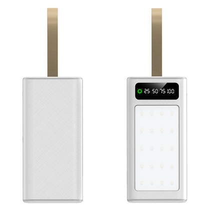 The picture shows a mobile power bank with a wrist strap on one side and a digital display and light on the other side.