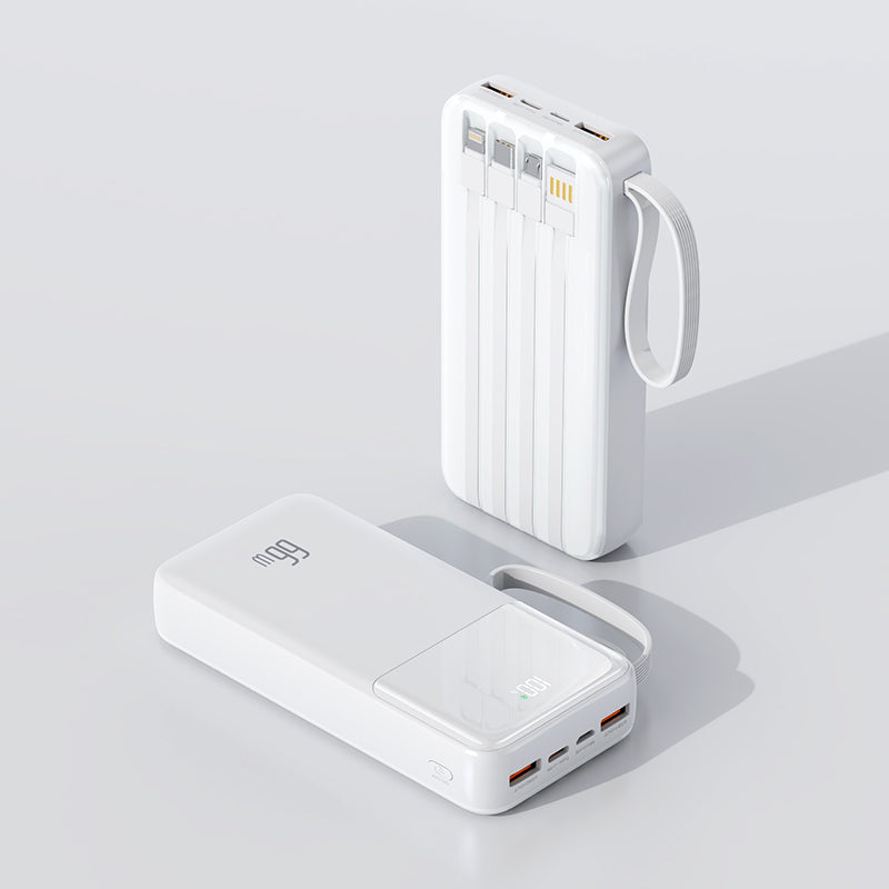 The image shows a white potable power bank with two USB ports, a digital display, There are three charging cables to meet your different needs, and a USB cable to connect directly to the socket，and a looped strap for easy carrying.