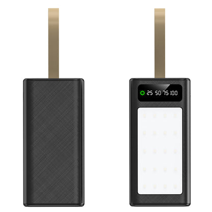 The picture shows a black mobile power bank with a wrist strap on one side and a digital display and light on the other side.