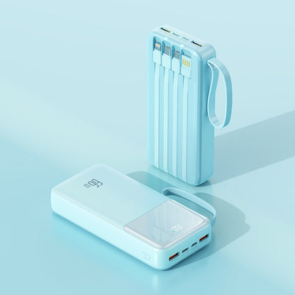 The image shows a blue potable power bank with two USB ports, a digital display, There are three charging cables to meet your different needs, and a USB cable to connect directly to the socket，and a looped strap for easy carrying.