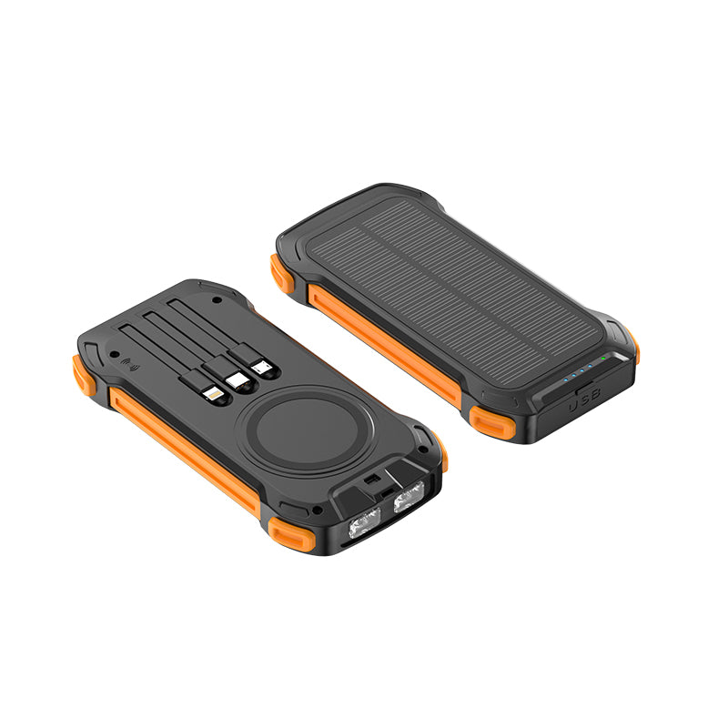 The images show two portable orange power banks with rugged designs, featuring built-in solar panels, multiple charging ports, and possibly other useful features like a flashlight or compass.
