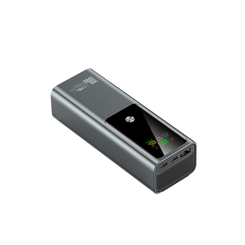 This image shows a grey power bank with a digital screen, which can dislay its electronic capacity.It has 100W can satisfied your daily needs,whatever you wanna camping,hiking,or just on the move.